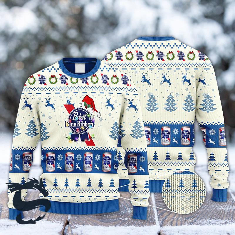 Pabst Blue Ribbon Santa Hat Ugly Christmas Sweater, Pabst Blue Ribbon Reindeer Snowy Xmas Ugly Sweater, Pabst Blue Ribbon Xmas Crew Neck Sweater