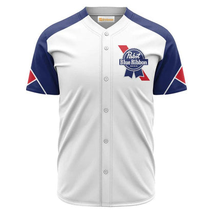 Pabst Blue Ribbon White And Blue Baseball Jersey Shirt, Pbr Beer Logo Printed Baseball Jersey, Pabst Blue Ribbon Unisex Baseball Jersey