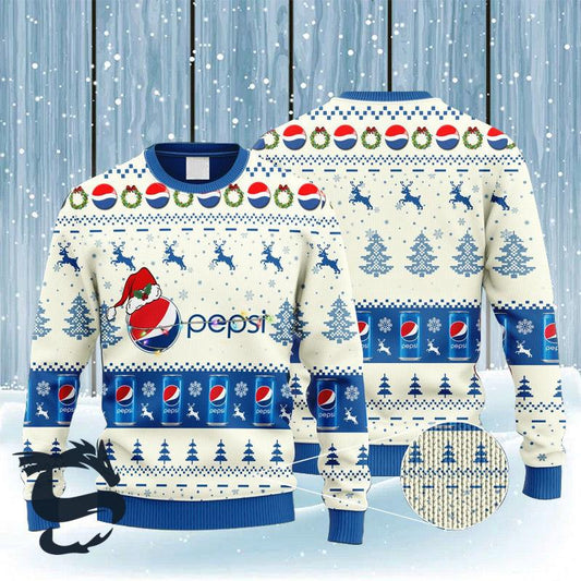 Pepsi Santa Hat Ugly Christmas Sweater, Pepsi Reindeer Snowy All Over Print Ugly Sweater, Soda Pepsi Drinks Christmas Holiday Crew Neck Ugly Sweaters