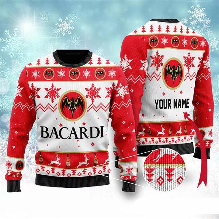 Personalized Bacardi Ugly Christmas Sweater, Bacardi White Rum Christmas Ugly Sweater, Bacardi Logo Printed Xmas Holiday Crewneck Ugly Sweater