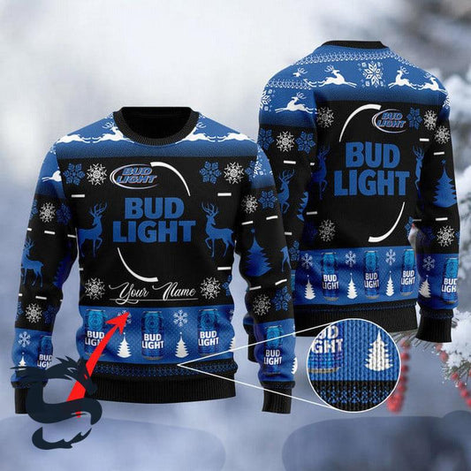 Personalized Name Bud Light Ugly Christmas Sweater, Black & Blue Bud Light Beer Christmas Ugly Sweater, Bud Light Beer Lovers Crew Neck Ugly Sweater