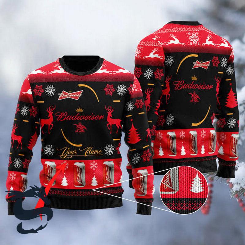 Personalized Name Budweiser Ugly Christmas Sweater, Budweiser Beer Black & Red Christmas Ugly Sweater, Budweiser Beer Lovers Crew Neck Ugly Sweater