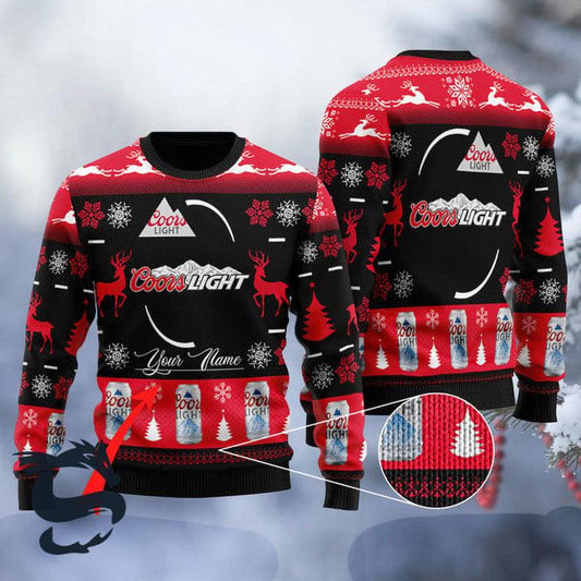 Personalized Coors Light Reindeer Snow Ugly Sweater, Coors Light Beer Black Red Ugly Christmas Sweater, Coors Light Crewneck Knitted Ugly Sweater