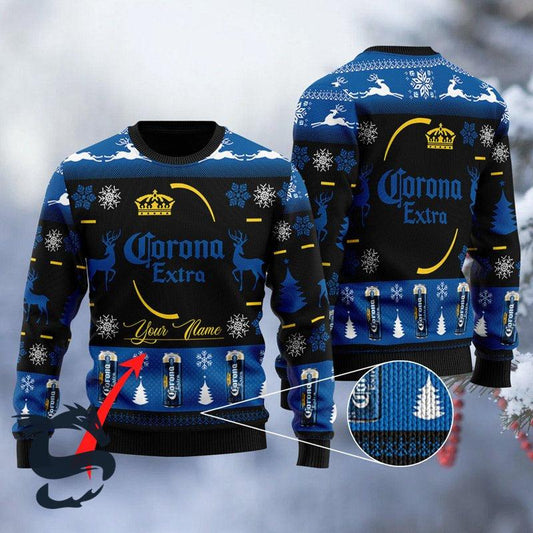 Personalized Corona Extra Reindeer Snow Ugly Sweater, Corona Extra Beer Black Blue Ugly Xmas Sweater, Corona Extra Crewneck Knitted Ugly Sweater