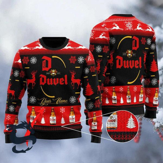 Personalized Duvel Beer Reindeer Snow Ugly Sweater, Duvel Beer Black Red Ugly Christmas Sweater, Duvel Beer Aop Crewneck Knitted Ugly Sweater