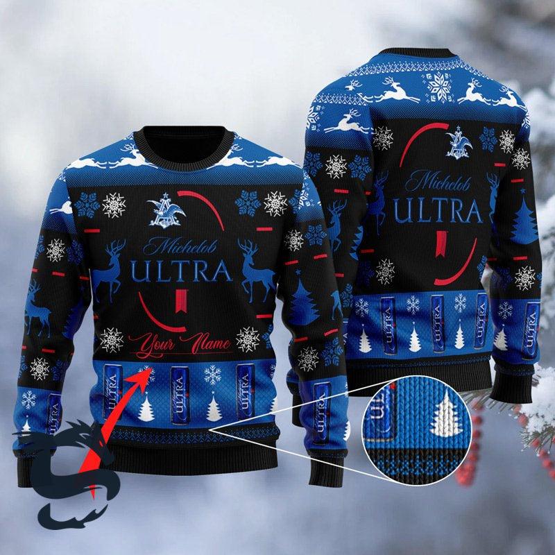 Personalized Michelob Ultra Ugly Christmas Sweater, Black & Blue Michelob Ultra Beer Christmas Ugly Sweater, Michelob Ultra Crew Neck Ugly Sweater