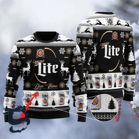 Personalized Black Miller Lite Ugly Christmas Sweater, Miller Lite Beer Ugly Sweater, All Over Printed Christmas Holiday Crew Neck Ugly Sweater