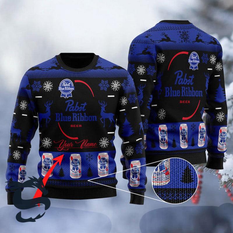 Personalized Black Pabst Blue Ribbon Ugly Sweater, Pabst Blue Ribbon Beer Ugly Christmas Sweater, Pabst Blue Ribbon Holiday Crew Neck Ugly Sweater