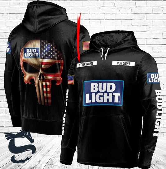 Personalized Black Usa Flag Punisher Skull Bud Light 3D Hoodie, Bud Light Pullover Hooded Sweatshirt, Bud Light Beer Logo 3D Printed Zip Hoodie