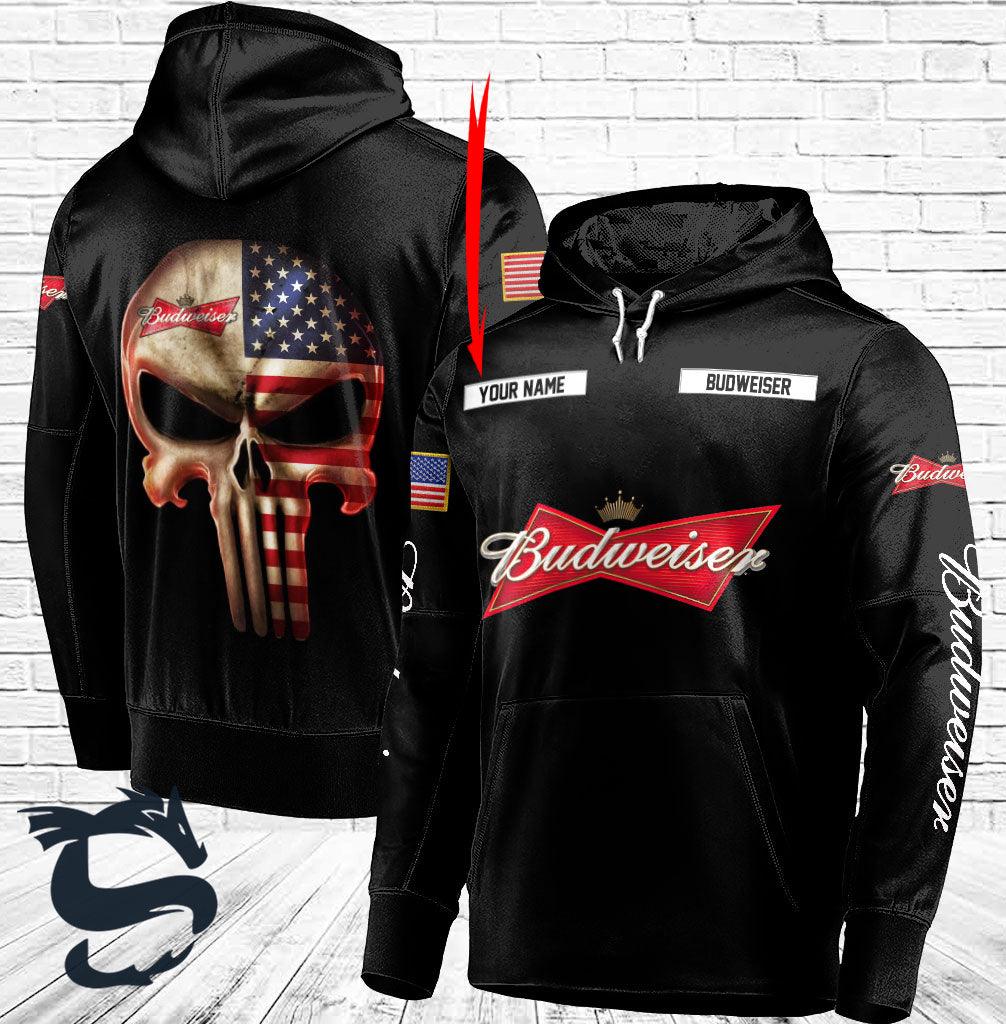 Personalized Black Usa Flag Punisher Skull Budweiser 3D Hoodie, Budweiser 3D Pullover Hooded Sweatshirts, Budweiser Beer Logo Printed Hoodies