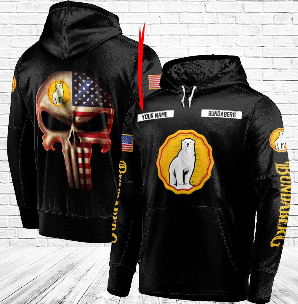 Personalized Black Usa Flag Punisher Skull Bundaberg 3D Hoodie, Bundaberg Logo Pullover Hooded Sweatshirt, Bundaberg Logo Printed Unisex Hoodie