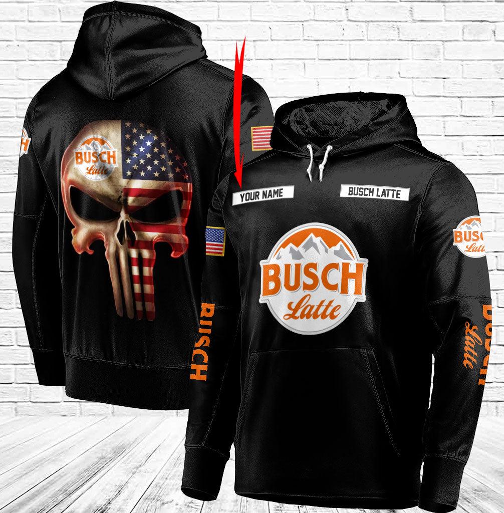 Personalized Black Usa Flag Punisher Skull Busch Latte 3D Hoodie, Busch Latte Pullover Hooded Sweatshirt, Busch Latte Logo Printed Unisex Hoodie