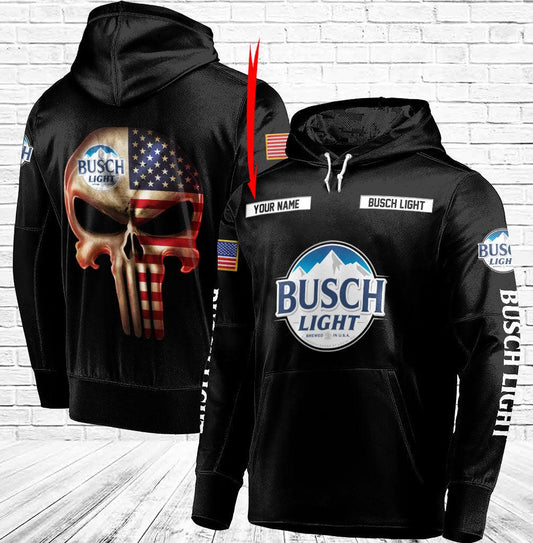 Personalized Black Usa Flag Punisher Skull Busch Light 3D Hoodie, Busch Light 3D Pullover Hooded Sweatshirts, Busch Light Beer Printed Hoodies