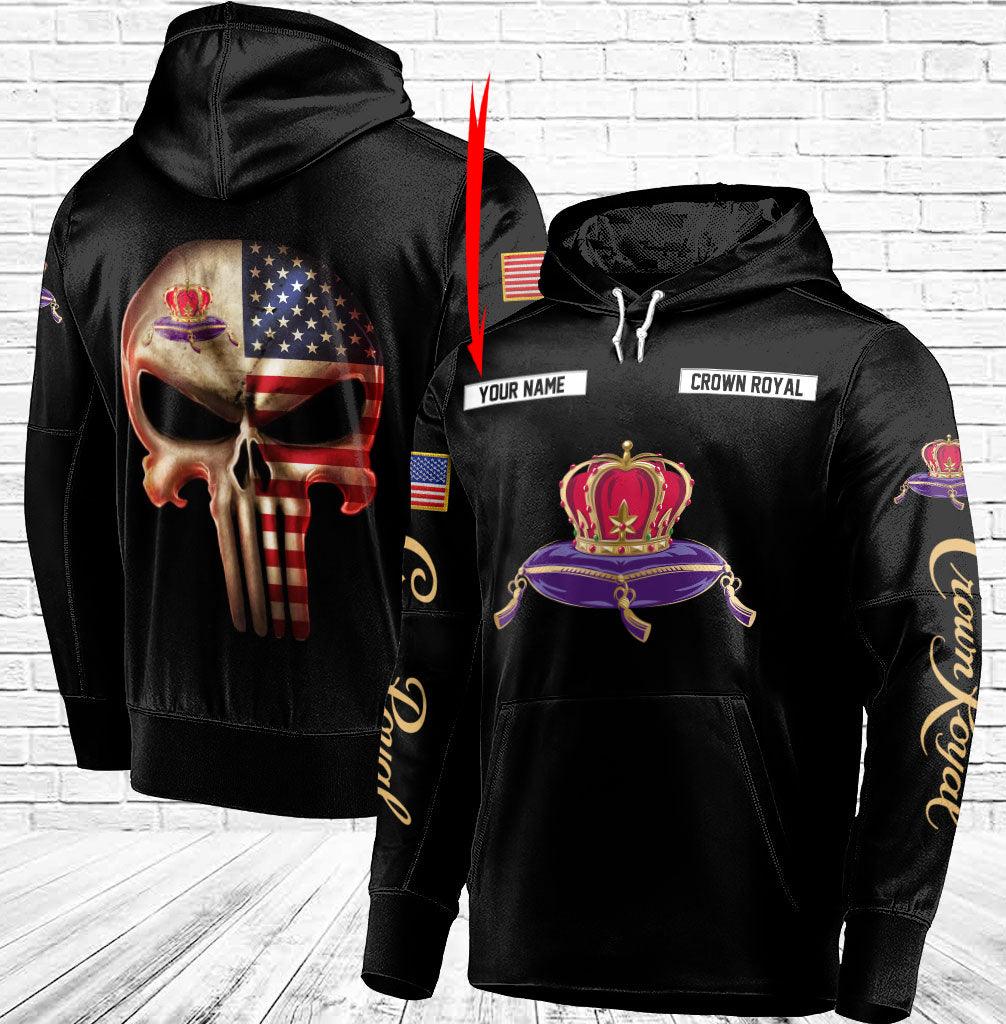 Custom Black Usa Flag Punisher Skull Crown Royal 3D Hoodie, Crown Royal Whisky Pullover Hooded Sweatshirt, Crown Royal Logo Printed Zip Hoodie