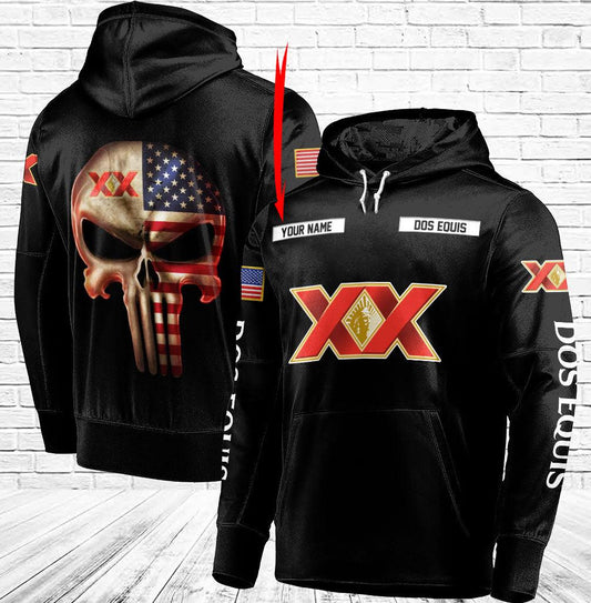 Personalized Black Usa Flag Punisher Skull Dos Equis 3D Hoodie, Dos Equis 3D Pullover Hooded Sweatshirts, Dos Equis Beer Logo 3D Printed Hoodies