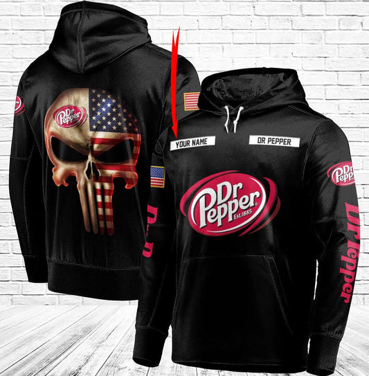 Personalized Black Usa Flag Punisher Skull Dr Pepper 3D Hoodie, Dr Pepper Pullover Hooded Sweatshirt, Dr Pepper Soda Logo 3D Printed Zip Hoodie