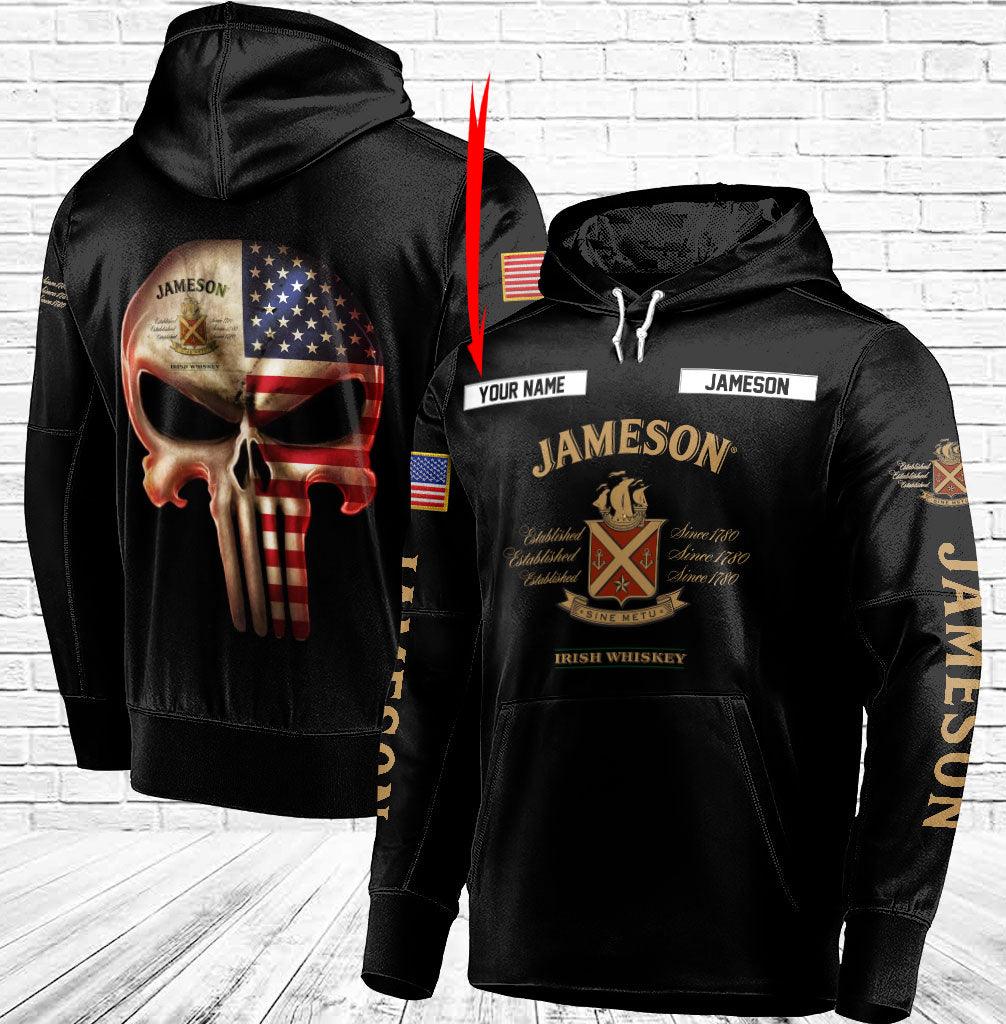 Custom Black Us Flag Punisher Skull Jameson Whiskey 3D Hoodie, Jameson Whisky Pullover Hooded Sweatshirt,jameson Whiskey Logo Printed Zip Hoodie