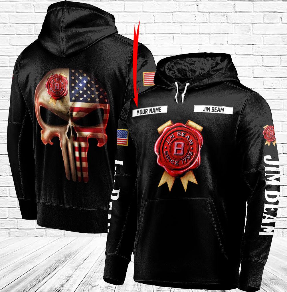 Personalized Black Usa Flag Punisher Skull Jim Beam 3D Hoodie, Jim Beam 3D Pullover Hooded Sweatshirts, Jim Beam Bourbon Logo 3D Printed Hoodies