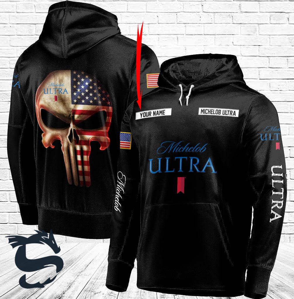 Personalized Black Usa Flag Skull Michelob Ultra 3D Hoodie, Michelob Ultra Pullover Hooded Sweatshirt, Michelob Ultra Logo Printed Zip Hoodie