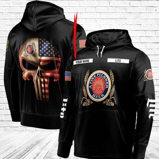 Personalized Black Usa Flag Punisher Skull Miller Lite 3D Hoodie, Miller Lite Pullover Hooded Sweatshirts, A Fine Pilsner Beer 3D Printed Hoodies