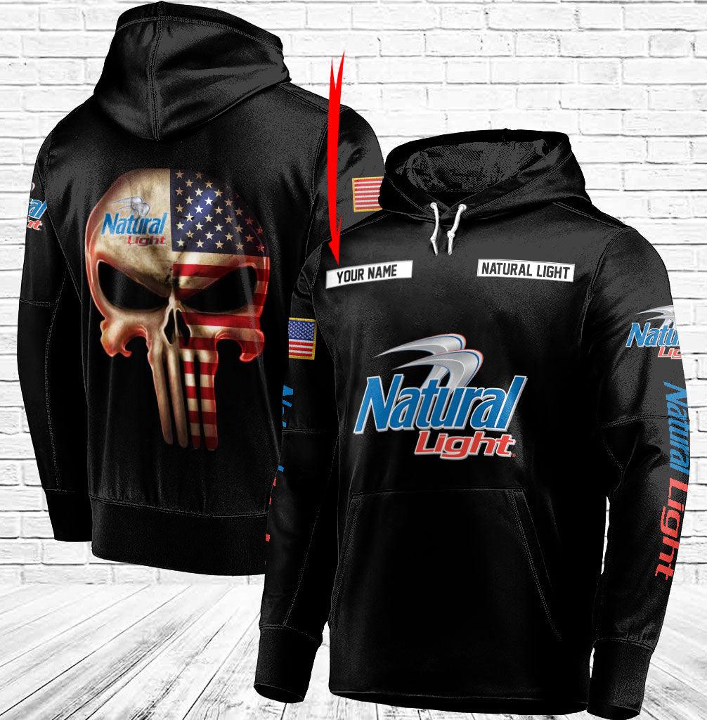 Custom Black Us Flag Punisher Skull Natural Light 3D Hoodie, Natural Light Beer Pullover Hooded Sweatshirt, Natural Light Logo Printed Zip Hoodie