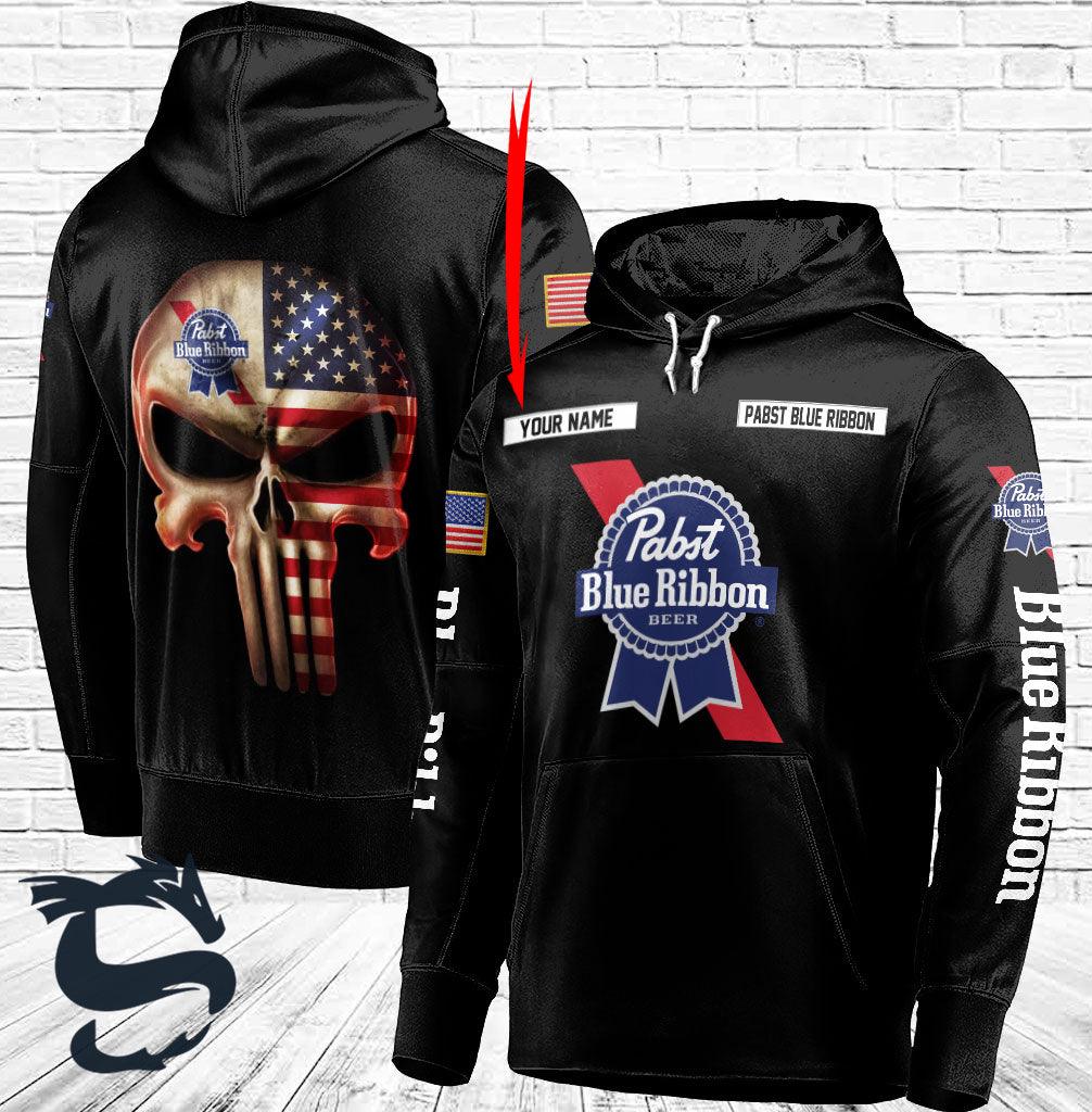Custom Black Usa Flag Skull Pabst Blue Ribbon Hoodie, Pabst Blue Ribbon Pullover Hooded Sweatshirt, Pabst Blue Ribbon Logo 3D Printed Hoodie