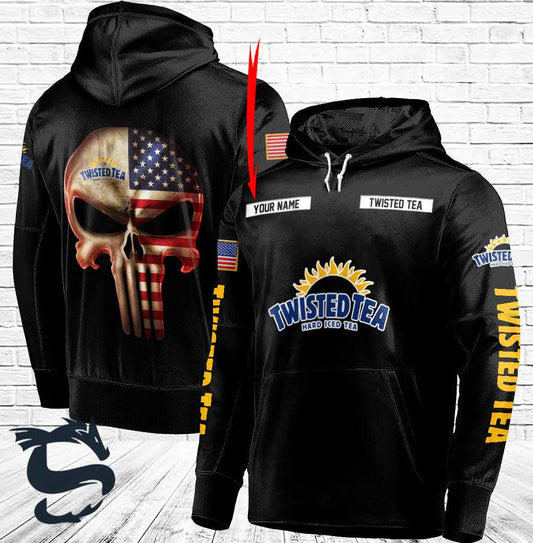 Personalized Black Usa Flag Punisher Skull Twisted Tea 3D Hoodie, Twisted Tea 3D Pullover Hooded Sweatshirts, Twisted Tea Logo 3D Printed Hoodies