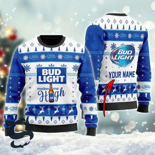 Personalized Bud Light Makes Me High Blue Ugly Christmas Sweater, Bud Light Beer Aop Ugly Christmas Sweater, Bud Light Crewneck Knitted Sweater