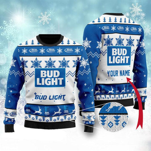 Personalized Blue Bud Light Ugly Christmas Sweater, Bud Light Beer Snowflakes Christmas Ugly Sweater, Bud Light Beer Christmas Crewneck Ugly Sweater