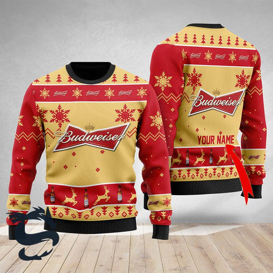 Personalized Budweiser Beer Christmas Ugly Sweater, Budweiser Logo All-over Print Red Ugly Sweater, Budweiser Beer Crewneck Knitted Ugly Sweater