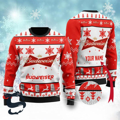 Personalized Budweiser Beer Ugly Christmas Sweater, Budweiser Beer All-over Print Red Ugly Sweater, Budweiser Xmas Crewneck Knitted Ugly Sweater