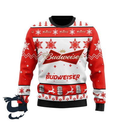 Personalized Budweiser Beer Ugly Christmas Sweater, Budweiser Beer All-over Print Red Ugly Sweater, Budweiser Xmas Crewneck Knitted Ugly Sweater