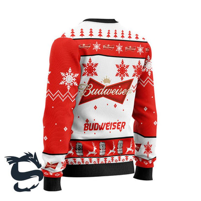 Personalized Budweiser Beer Ugly Christmas Sweater, Budweiser Beer All-over Print Red Ugly Sweater, Budweiser Xmas Crewneck Knitted Ugly Sweater