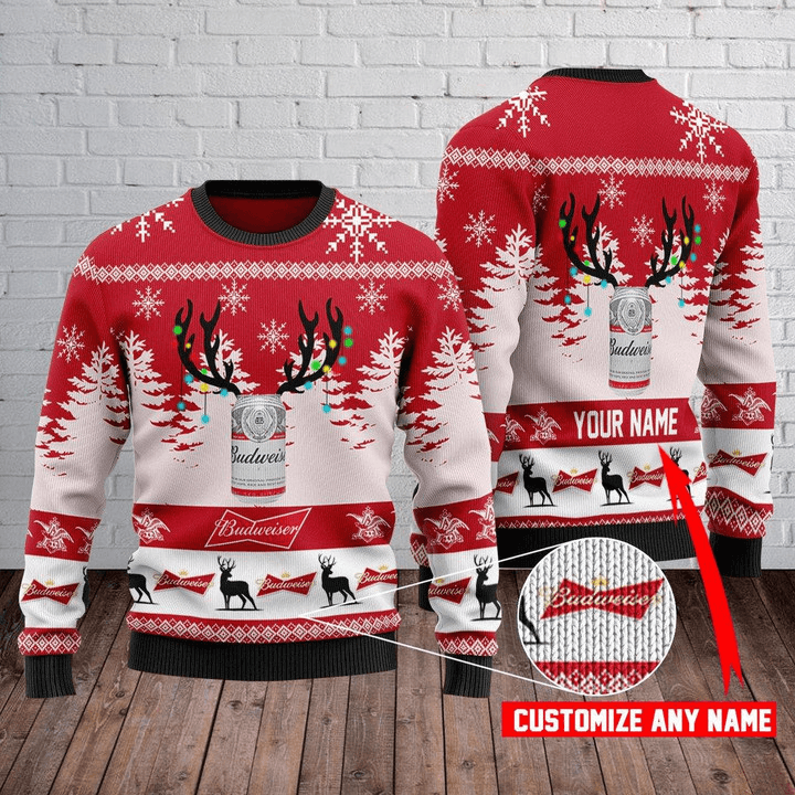 Personalized Light-up Antler Budweiser Beer Ugly Christmas Sweater, Budweiser Beer Red Ugly Sweater, All Over Print Christmas Crew Neck Ugly Sweater