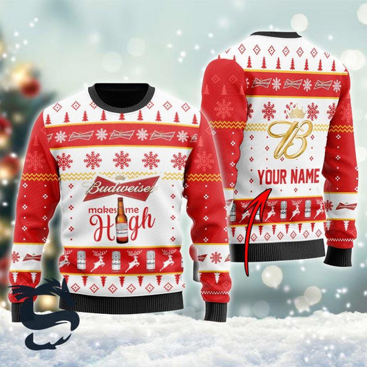 Personalized Budweiser Makes Me High Red Ugly Christmas Sweater, Budweiser Beer Aop Ugly Christmas Sweater, Budweiser Crewneck Knitted Sweater