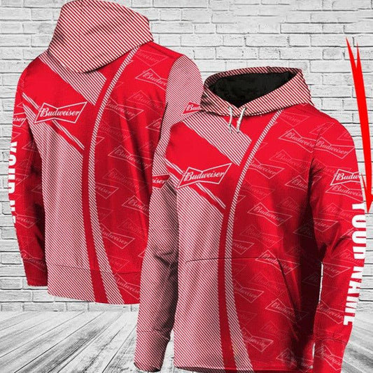 Personalized Budweiser Logo All Over Printed Red Hoodie, Budweiser Red Pullover Hooded Sweatshirts, Budweiser Beer 3D Prints Unisex Hoodies