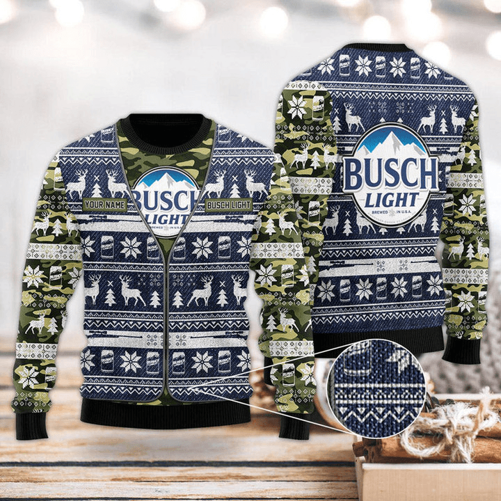 Personalized Busch Light Camoflage Ugly Christmas Sweater, Busch Light Beer Blue Ugly Sweater, All Over Print Holiday Crew Neck Ugly Sweaters