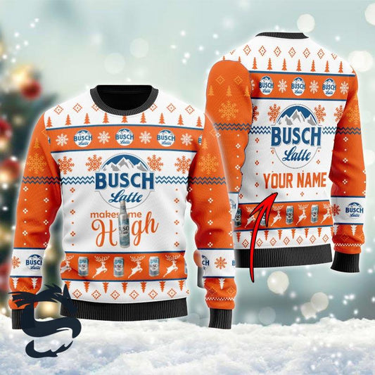 Personalized Busch Latte Makes Me High Orange Ugly Sweater, Busch Latte Beer Ugly Christmas Sweater, Busch Latte Crewneck Knitted Ugly Sweater