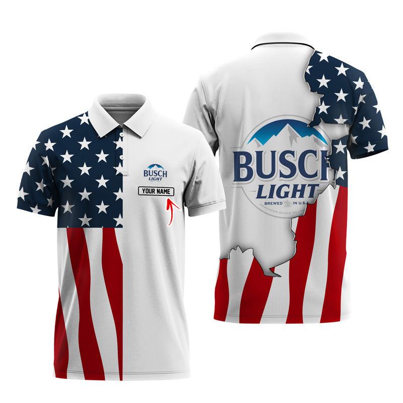 Personalized Busch Light American Flag Polo Shirt, Busch Light 3D All Over Print Polo Shirts, Busch Light Beer Logo 3D Printed Men's Polo Shirt