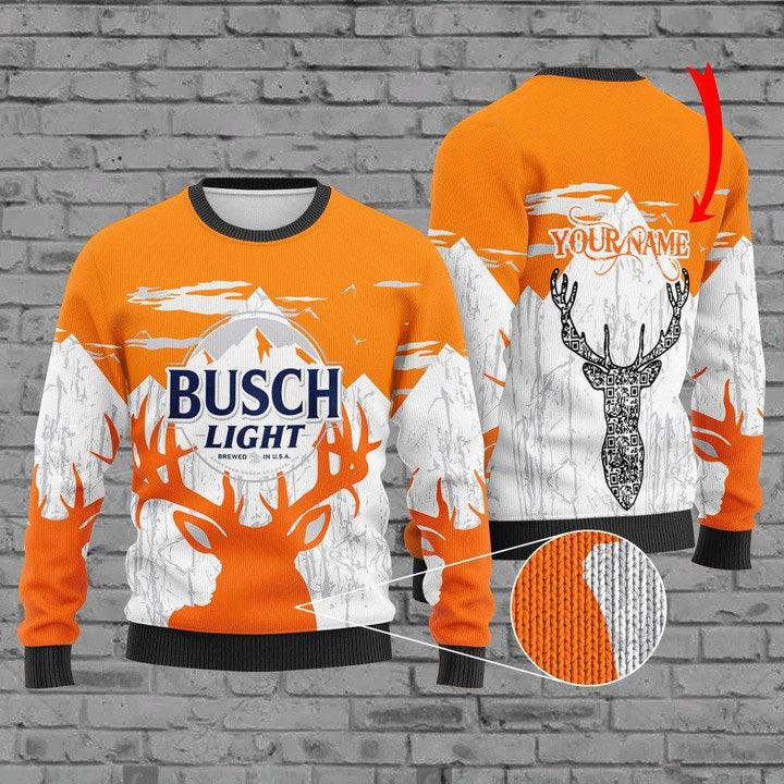 Personalized Busch Light Logo Deer Hunting Ugly Christmas Sweater, Busch Light Buck Head Ugly Sweater, Busch Light Crewneck Knitted Ugly Sweater