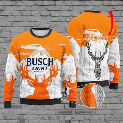 Personalized Busch Light Logo Deer Hunting Ugly Christmas Sweater, Busch Light Buck Head Ugly Sweater, Busch Light Crewneck Knitted Ugly Sweater