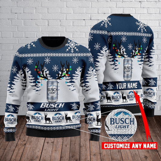 Personalized Christmas Lights Busch Light Ugly Christmas Sweater, Busch Light Beer Lover Ugly Sweater, All Over Print Christmas Crew Neck Sweater