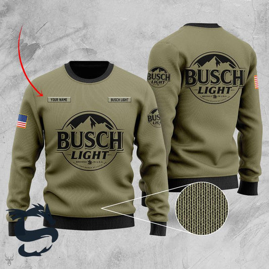 Personalized Military Green Busch Light Ugly Christmas Sweater, Busch Light Logo Camo Green Ugly Sweater, Busch Light Crewneck Knitted Sweater