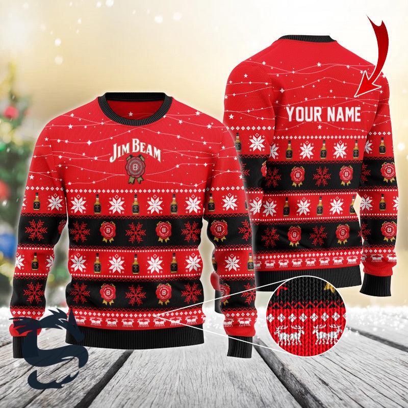 Personalized Snowy Christmas Jim Beam Ugly Sweater, Jim Beam Whiskey Bourbon Red Christmas Ugly Sweater, Jim Beam Christmas Crew Neck Ugly Sweater