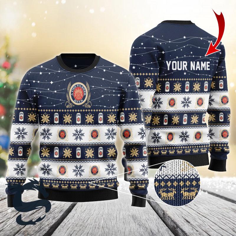 Personalized Snowy Christmas Miller Lite Ugly Sweater, Miller Lite Beer Christmas Ugly Sweater, Miller Lite Beer Christmas Crew Neck Ugly Sweater