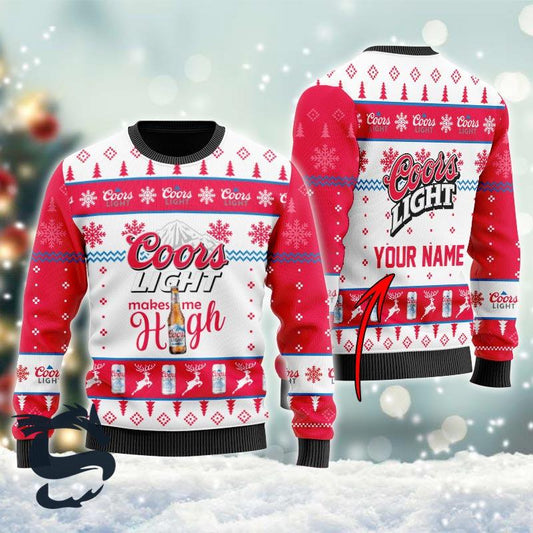 Personalized Coors Light Makes Me High Blue Ugly Sweater, Coors Light Beer Red Ugly Christmas Sweater, Coors Light Crewneck Knitted Ugly Sweater