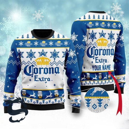 Personalized Corona Extra Beer Ugly Christmas Sweater, Corona Extra All-over Print Ugly Sweater, Corona Extra Xmas Crewneck Knitted Ugly Sweater