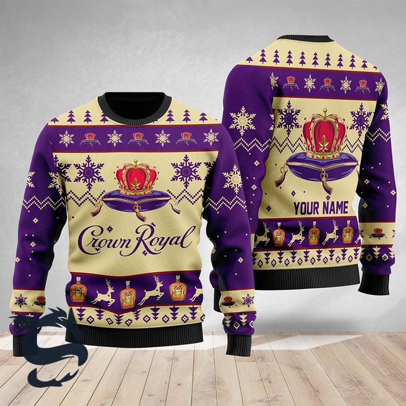 Personalized Crown Royal Whiskey Ugly Christmas Sweater, Crown Royal Whiskey Ugly Sweater, Crown Royal All Over Printed Holiday Crew Neck Ugly Sweater