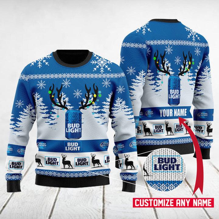 Personalized Deer Bud Light Ugly Christmas Sweater, Light-up Antler Deer Bud Light Beer Ugly Sweater, All Over Print Christmas Crew Neck Ugly Sweater