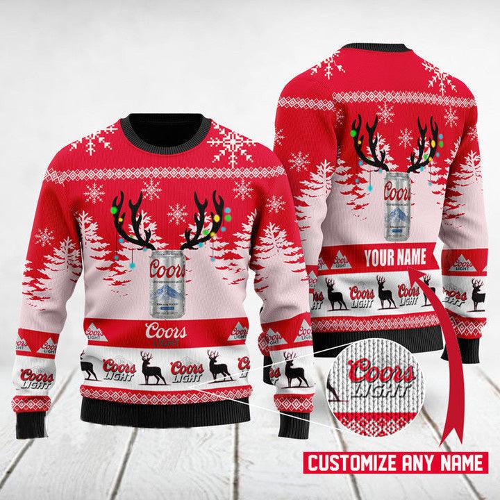 Personalized Deer Antler Coors Light Ugly Christmas Sweater, Coors Light Beer Ugly Sweater, All Over Print Christmas Holiday Crew Neck Ugly Sweater